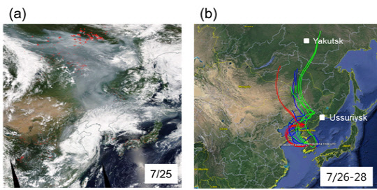 미국 항공우주국(NASA) MODIS 위성이 2014년 7월 25일 촬영한 동아시아 지역 모습(왼쪽)과 시베리아 산불의 한반도 유입 경로를 분석한 결과(오른쪽). 왼쪽 그림에서 붉은색 점이 산불이 발생한 지역이며, 산불 발생지점부터 한반도 상공까지 회색으로 된 띠 부분이 산불에서 배출된 연기의 모습이다.  표준연 제공